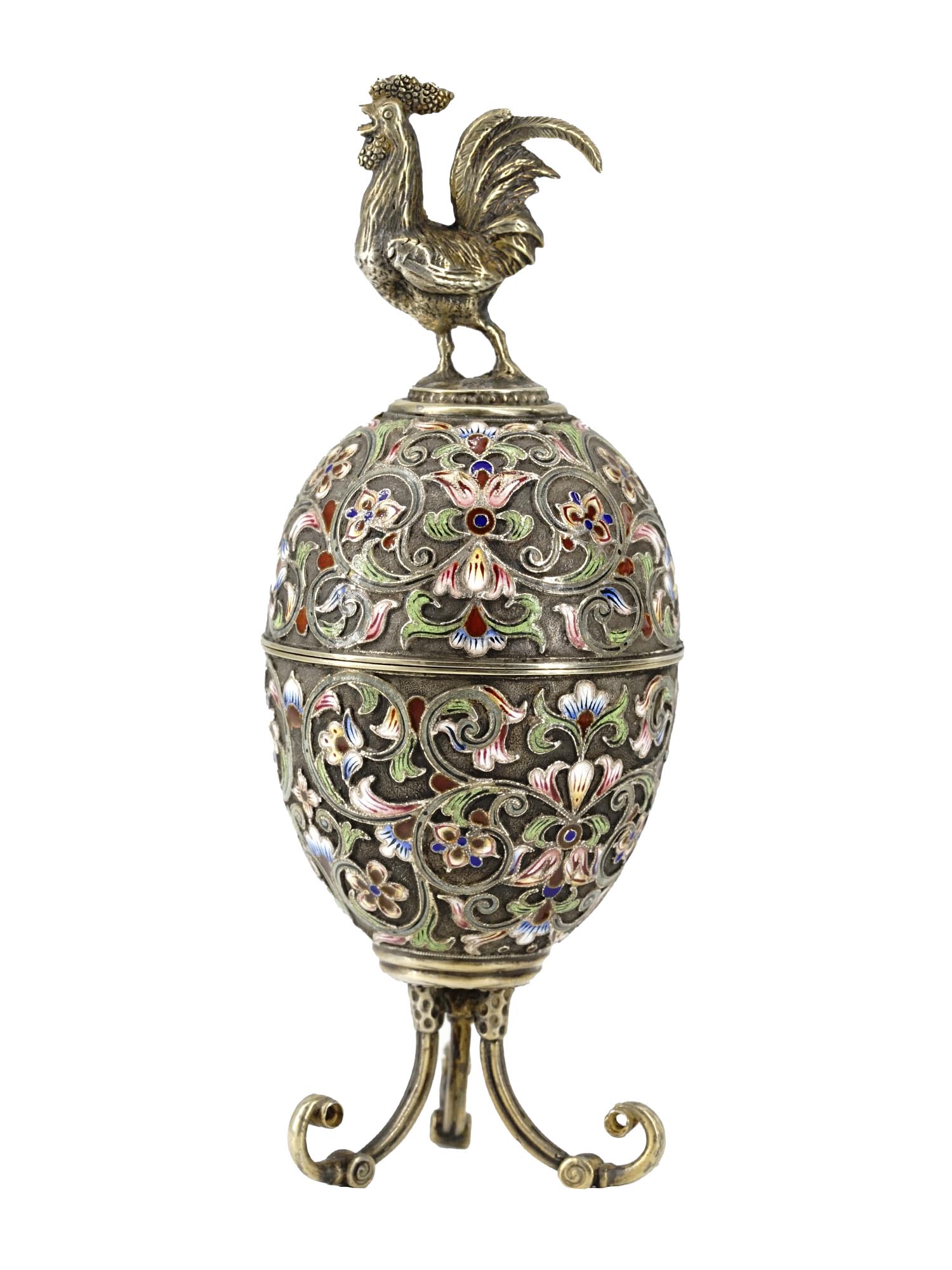 RUSSIAN 84 SILVER ENAMEL EGG CASE W COCK FIGURINE PIC-0